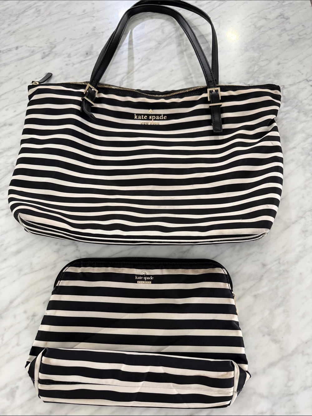 kate spade Black and White Striped Tote with Matching Pouch